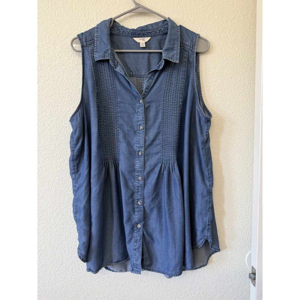 Terra & Sky Chambray Top 1X Lyocell Button Front Sleeveless Blue Casual Everyday - Picture 2 of 13
